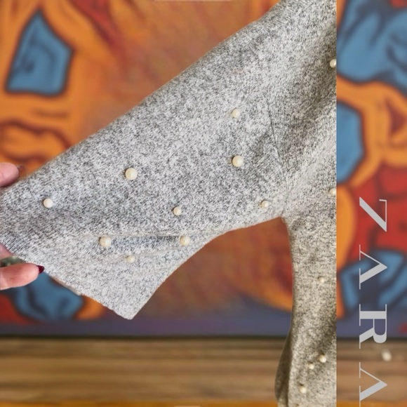 Zara Heather Gray Pearl Studded Short Sleeve Sweater - Picture 5 of 9